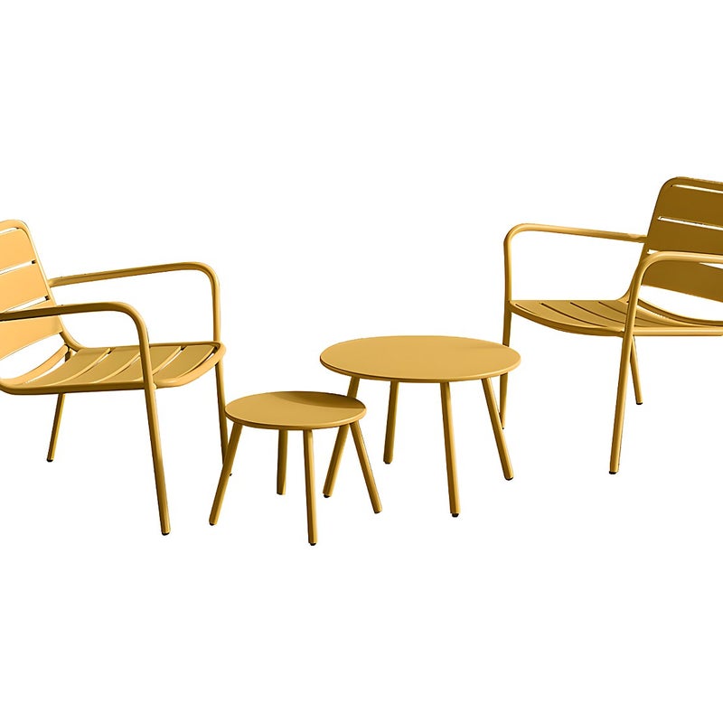 Zestaw ogrodowy z metalu - 2 niskie fotele sztaplowane i wysuwane stoliki - Żółty musztardowy - MIRMANDE marki MYLIA
