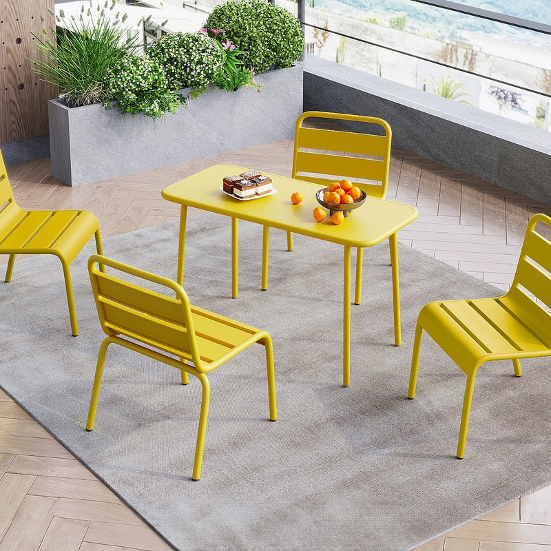 Zestaw mebli ogrodowych jadalnianych z metalu dla dzieci - stolik i 4 sztaplowane krzesła - Żółty musztardowy - POPAYAN marki MYLIA