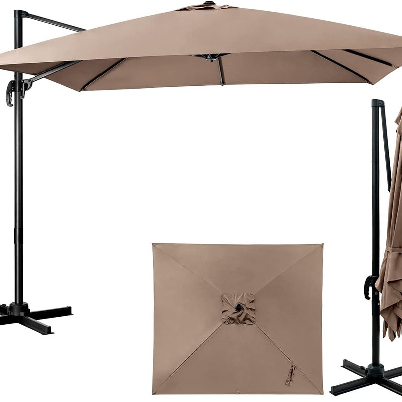 Kwadratowy Parasol Ogrodowy 3x3m, 8 Podwójnych Żebrów, Zewnętrzna Osłona Słoneczna z Otworem Wentylacyjnym, Ochrona Anty-UV, Obrot 360°, Brązowy