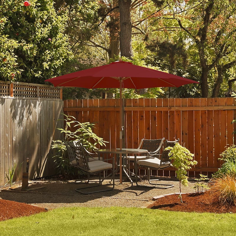 Okrągły parasol ogrodowy 3M z drewna, parasol prosty z 8 bambusowymi żebrami, 3 regulowane wysokości, odłączany maszt i wentylowany dach, czerwony