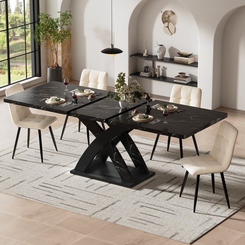 Rozkładany stół jadalny dla 4-6 osób - 120/160 x 80 x 75 cm - MDF + Metal - Wygląd marmuru - do kuchni lub jadalni - Czarny
