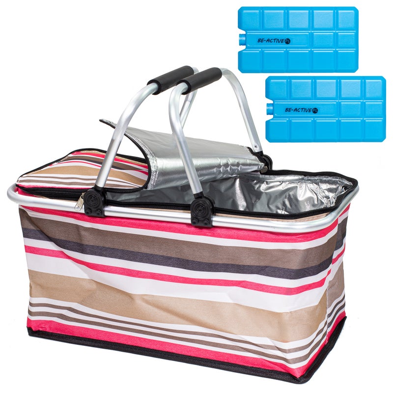 Kosz termiczny piknikowy 30L z wkładami chłodzącymi, plażowy, składany z uchwytami różowe paski Be-active.pl