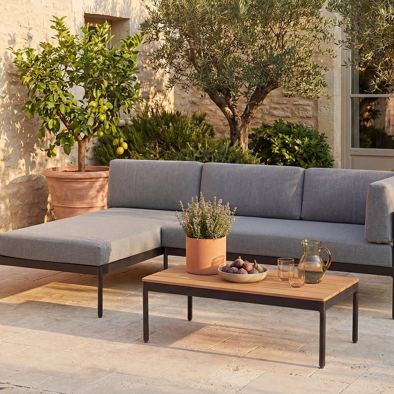 Zestaw mebli ogrodowych aluminiowych: kanapa narożna i stolik kawowy - Jasny naturalny z antracytowymi poduszkami - GUIOMAR od MYLIA