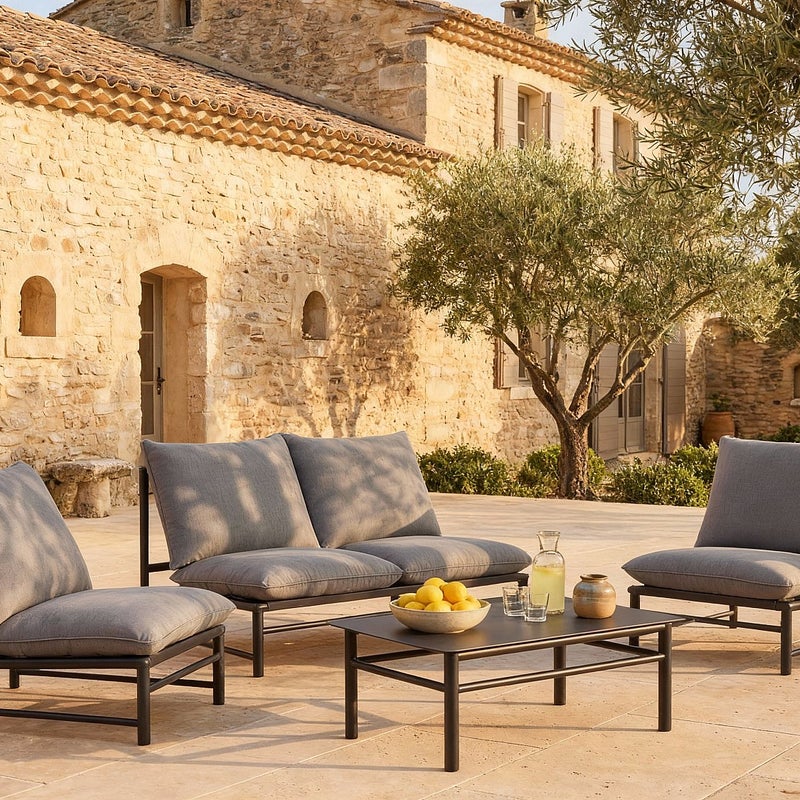 Meble ogrodowe aluminiowe: kanapa 2-osobowa, 2 fotele i stolik kawowy - Antracyt - LISMO od MYLIA