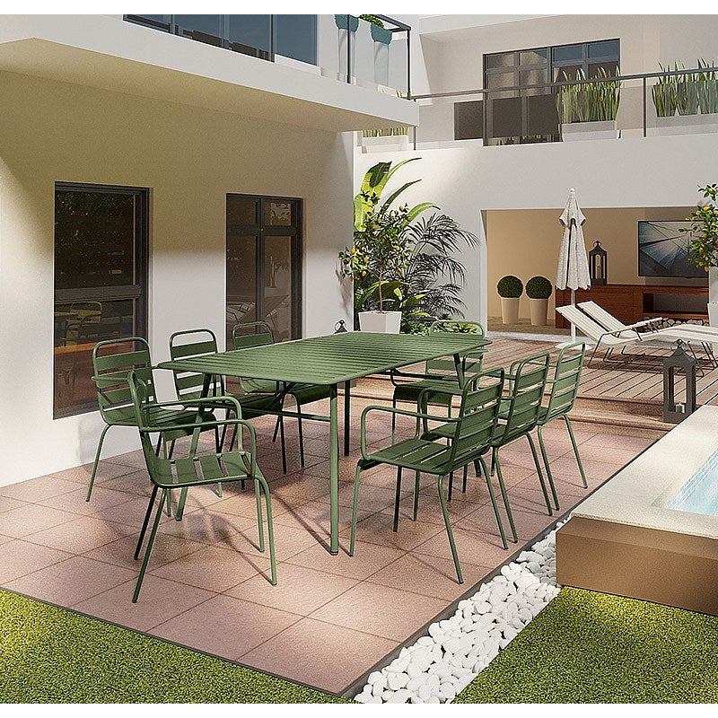 Metalowy zestaw mebli ogrodowych - stół dł.200 cm i 8 składanych foteli - Khaki - MIRMANDE od MYLIA