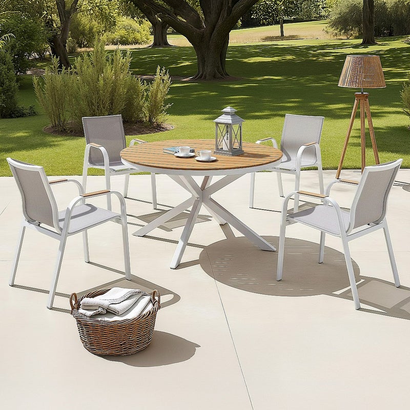 Aluminiowy zestaw ogrodowy: okrągły stół o średnicy 125 cm i 4 fotele - Biały i jasny naturalny - ZEYVA od MYLIA