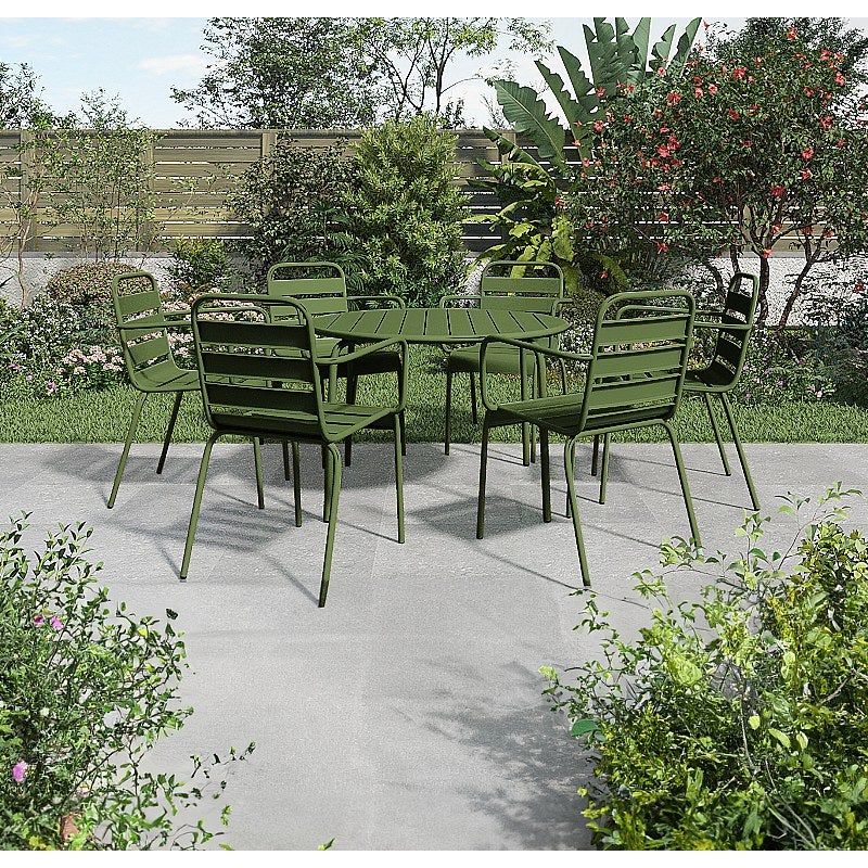 Metalowy zestaw ogrodowy - okrągły stół śr.130 cm i 6 składanych foteli - Khaki - MIRMANDE od MYLIA