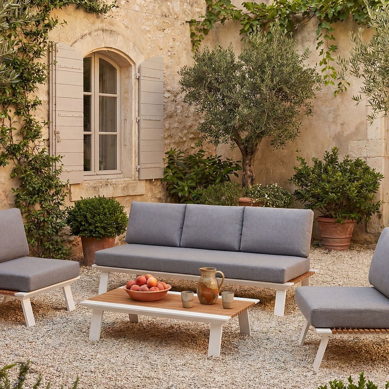 Meble ogrodowe aluminiowe: kanapa 3-osobowa, 2 fotele i stolik kawowy - Jasny naturalny z antracytowymi poduszkami - MALLY od MYLIA