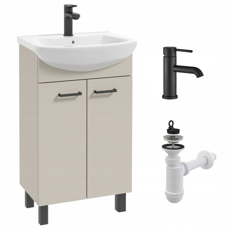 Szafka Łazienkowa z Umywalką 50 Kaszmir Beż Matowa Stojąca Bateria Czarna