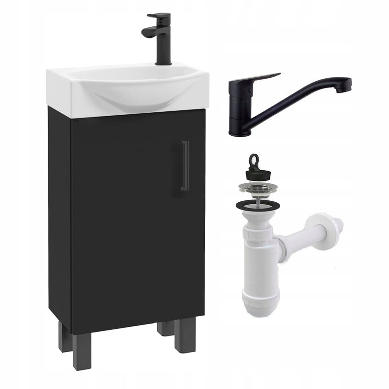 Szafka do Łazienki Stojąca z Umywalką 40x22 Czarna Mała Mat z Baterią Obrot