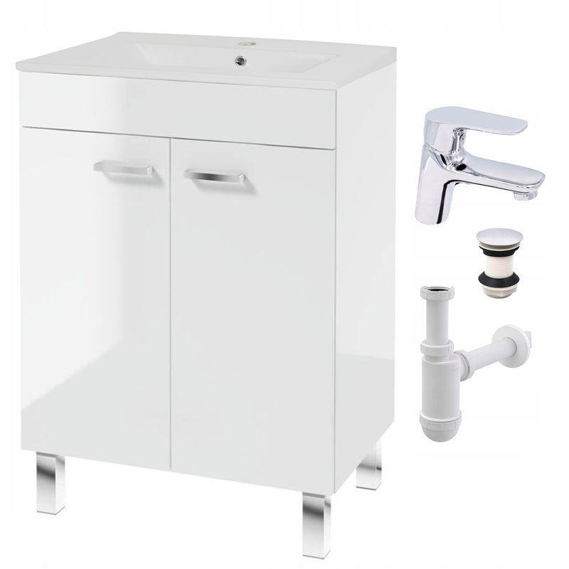 Szafka Łazienkowa Biała Stojąca 60 x 45 Umywalka Połysk Półka Bateria Chrom