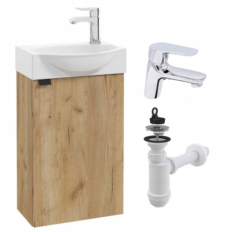 Szafka Łazienkowa 40 cm z Umywalką Wisząca Dąb Craft Złoty Bateria Chrom