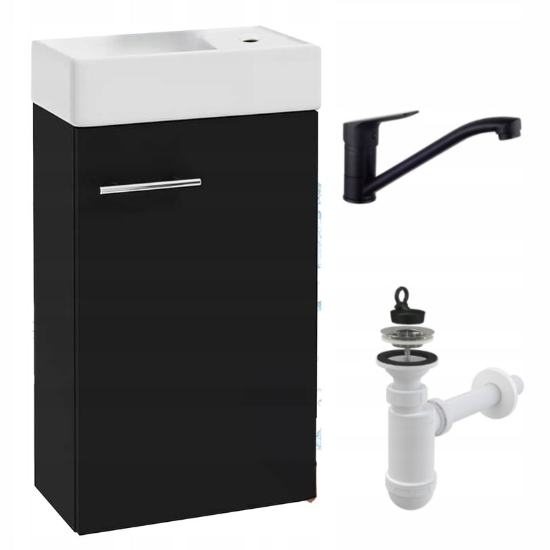 Szafka Łazienkowa Wisząca z Umywalką 40 x 22 cm Czarny Mat Bateria Czarna Obrotowa