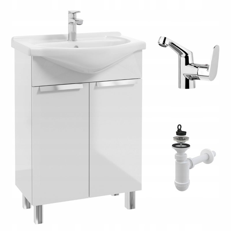 Szafka Łazienkowa Biała z Umywalką 60 Stojąca Połysk Bateria Chrom Boczna