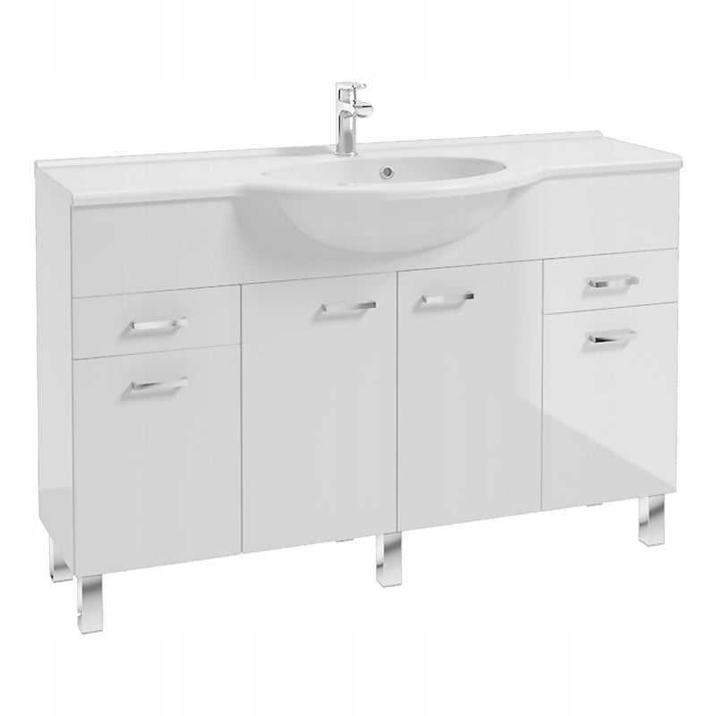 Szafka Łazienkowa z Umywalką 130 cm Biała Połysk 2 Szuflady Stojąca