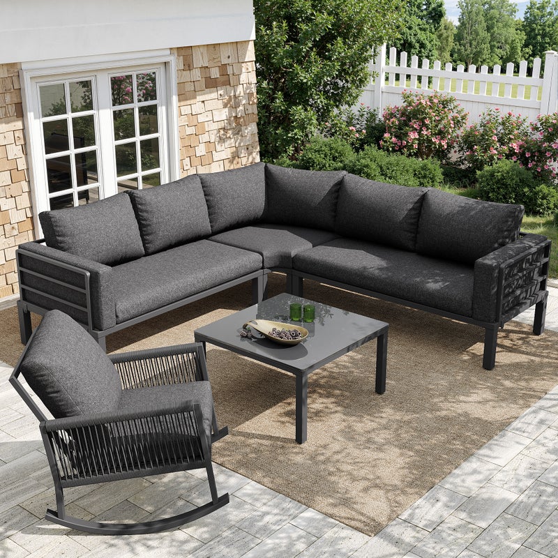 Modułowy, żelazny zestaw mebli ogrodowych: 2 fotele bujane + sofa narożna + kwadratowy stolik kawowy - szary