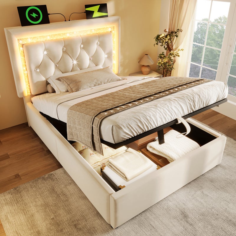 Łóżko Tapicerowane 90x200 cm Welur Beżowe z LED, USB & Type-C, Schowkiem Hydraulicznym – Nowoczesna Rama Łóżka