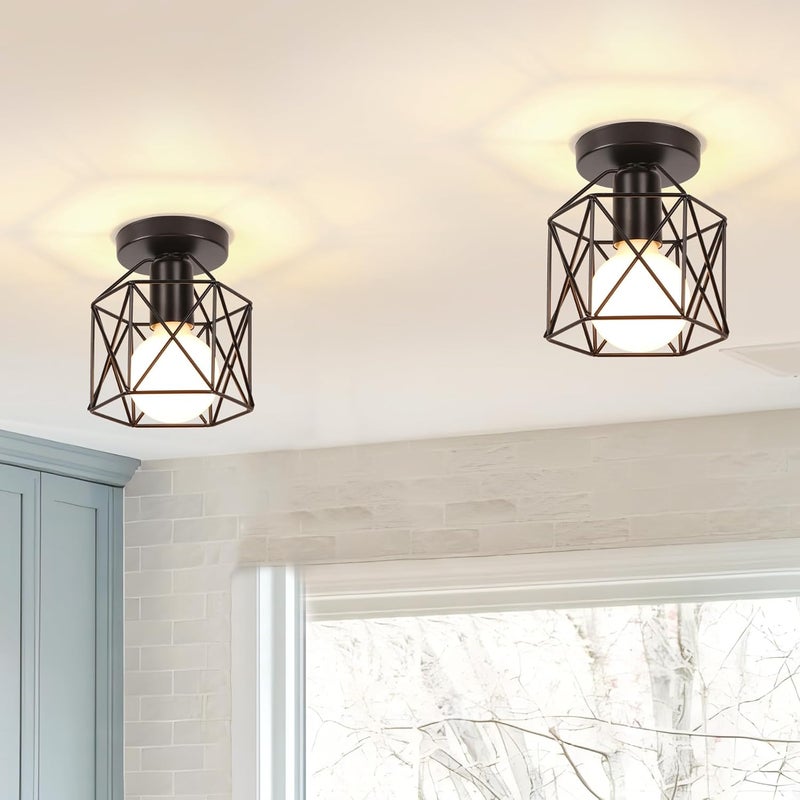 Zestaw 2 kwadratowych lamp sufitowych w stylu industrialnym z metalową klatką, żyrandol 15 cm, klosz z żelaza, oprawa E27 40 W, czarny (sześciokąt)