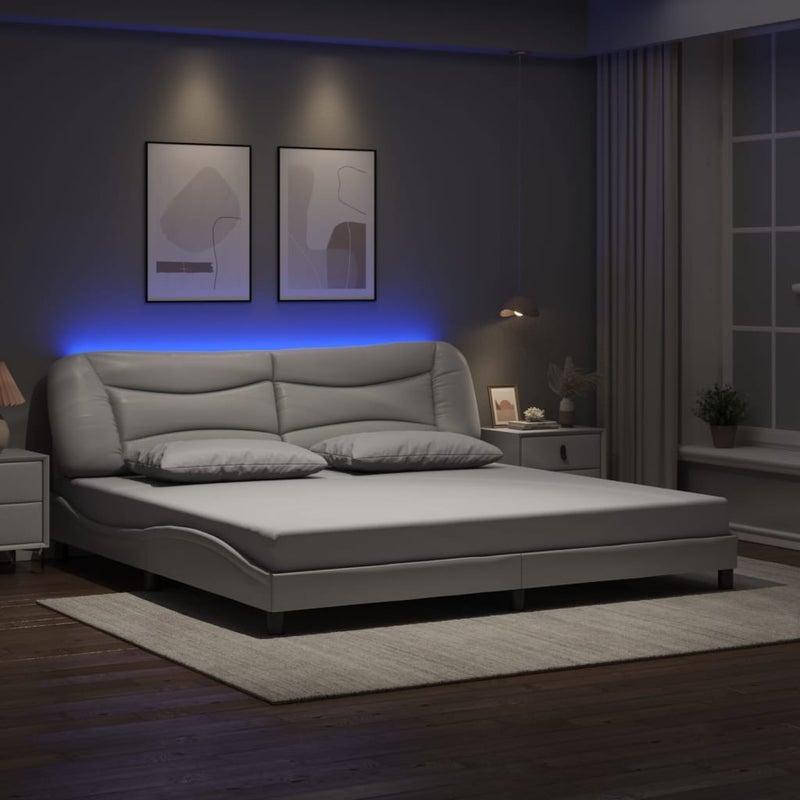 Łóżko Tapicerowane Białe Ekoskóra Rama Łóżka Ze Stelażem LED 200x200 cm