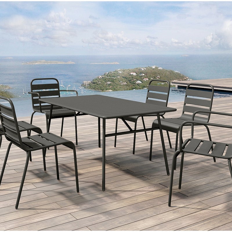 Metalowa jadalnia ogrodowa - stół dł.160 cm z 2 sztaplowanymi fotelami i 4 sztaplowanymi krzesłami - Ciemnoszary - MIRMANDE