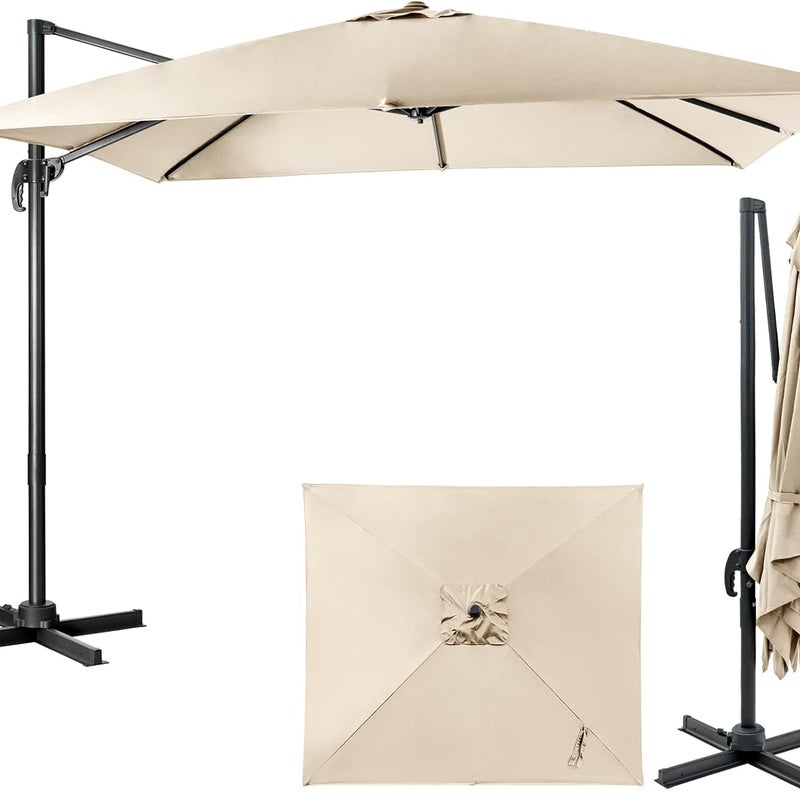 Kwadratowy Parasol Ogrodowy 3x3m, 8 Podwójnych Żebrów, Zewnętrzna Osłona Słoneczna z Otworem Wentylacyjnym, Ochrona Anty-UV, Obrot 360°, Beżowy