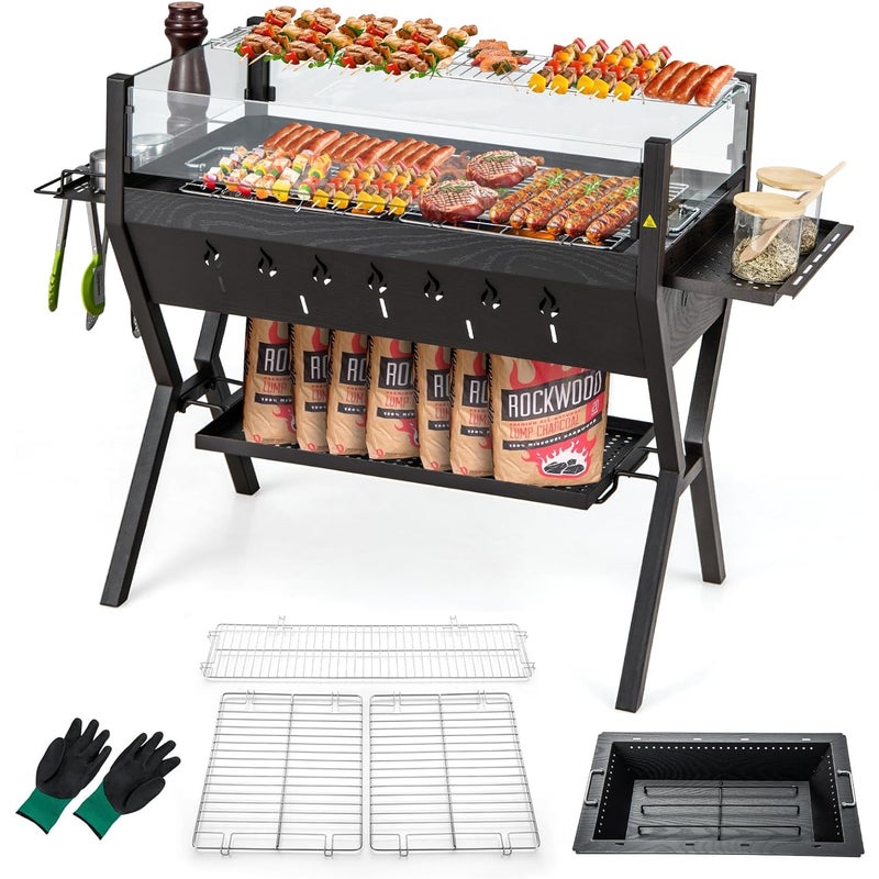 Grill węglowy ogrodowy, grill węglowy ze stali nierdzewnej z osłoną przeciwwiatrową
