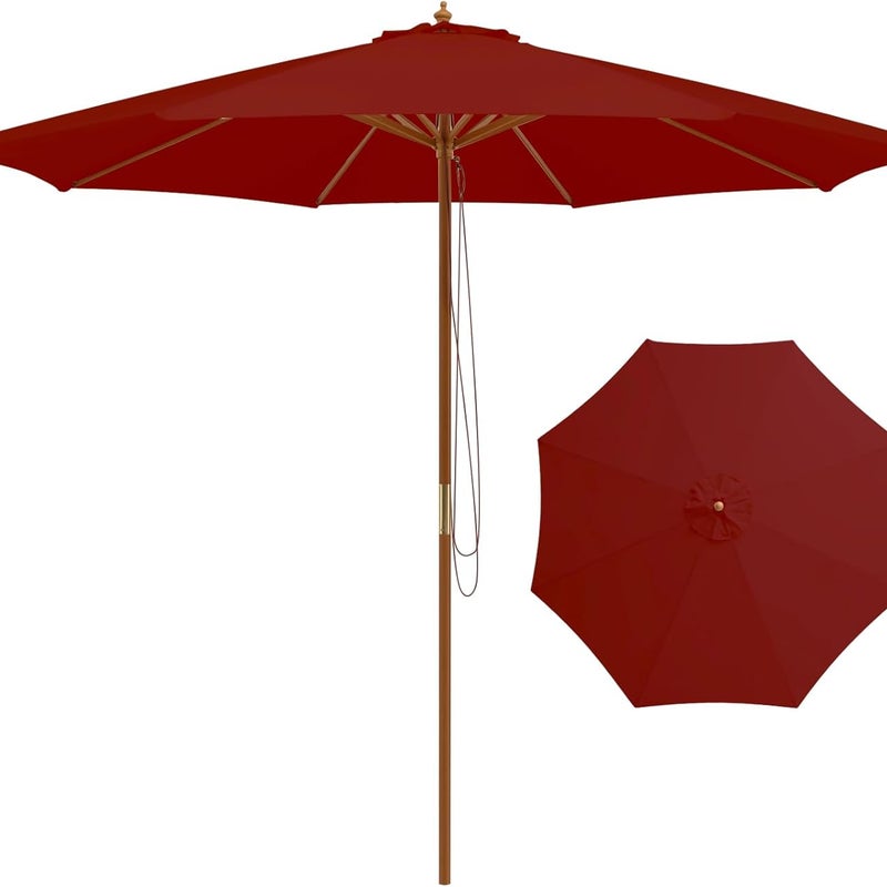 Zewnętrzny Parasol Ogrodowy 3M, Parasol Balkonowy z 8 Bambusowymi Żebrami, Podnoszenie Przez Blok, Podstawa Niezałączona (304x262cm-Czerwony)