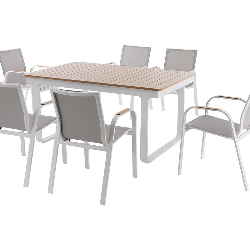 Aluminiowy zestaw ogrodowy do jadalni: rozkładany aluminiowy stół dł. 155/246 cm i 6 foteli - Jasny naturalny i biały - SERUNO od MYLIA