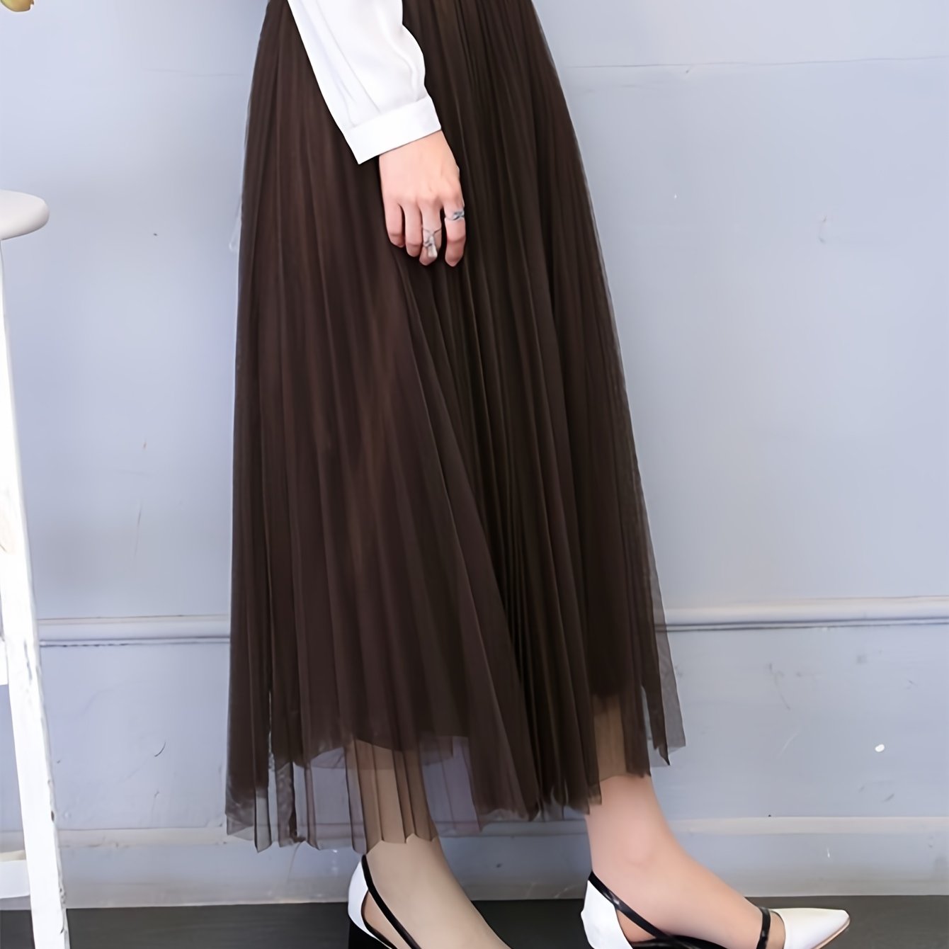 TEMU damska plisowana spódnica w stylu wróżki, wysoki stan, jednolity , siateczka, krój A z pełnym rozkloszowanym dołem