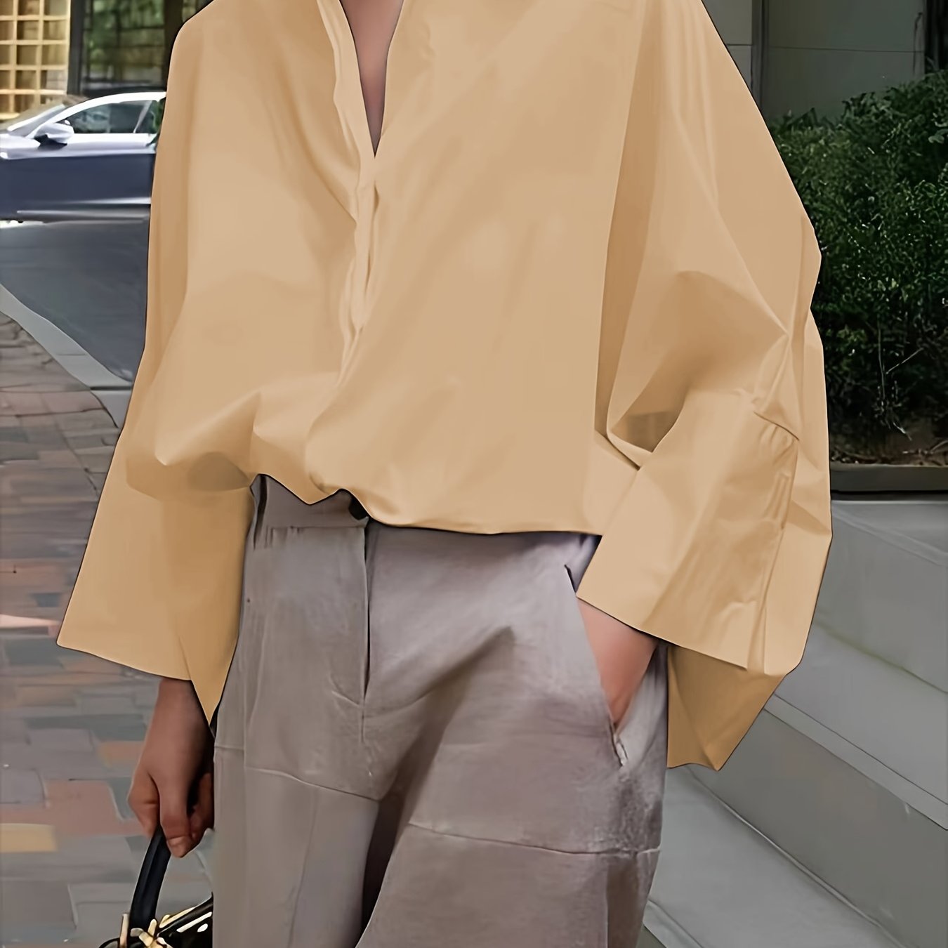 TEMU Bluzka z długim rękawem i patchworkowym kołnierzykiem na jesień/zimę 2024