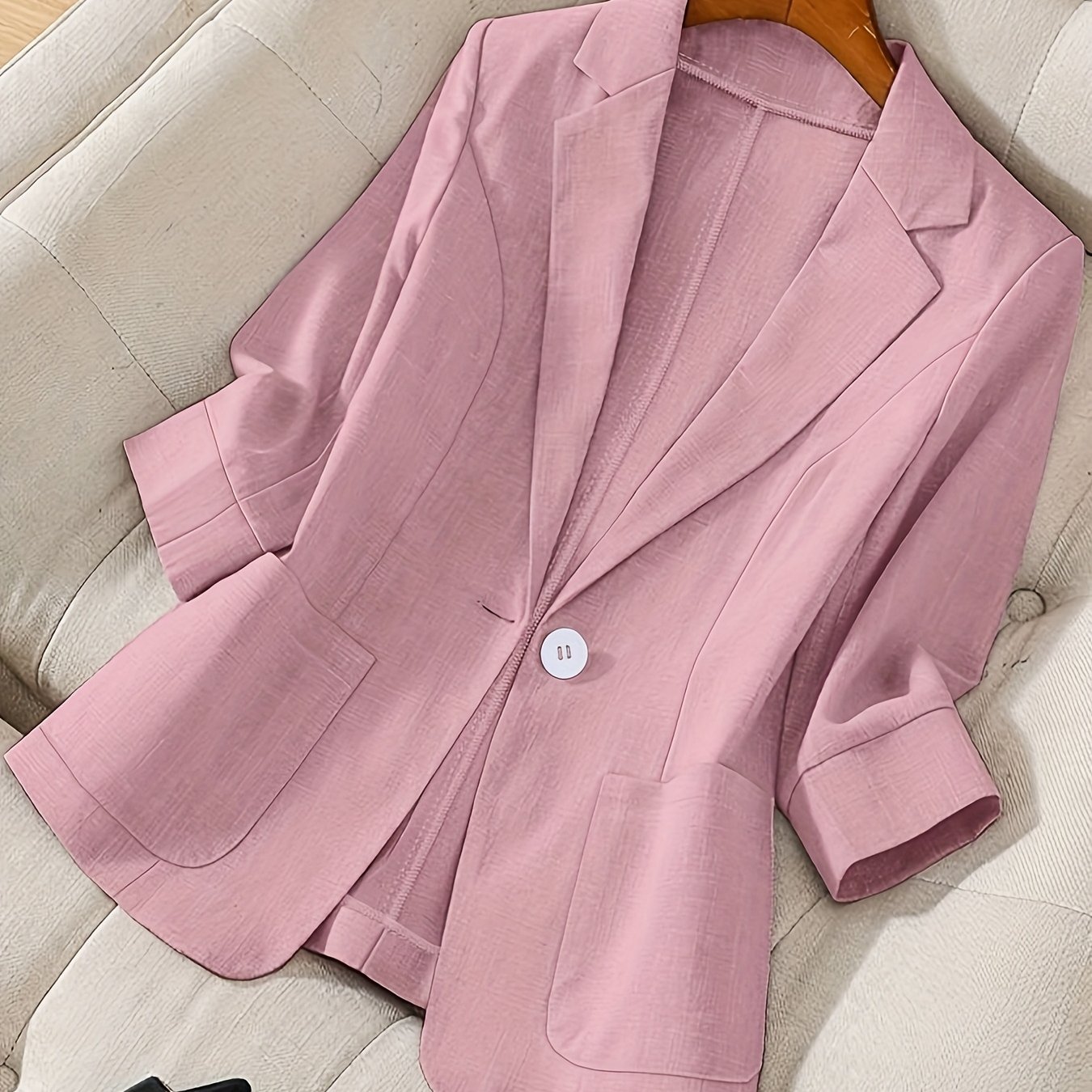 TEMU Damski Wiosenno-Jesienny Blazer z Kołnierzem Stojącym, Długi Rękaw, Casual, Jednokolorowy