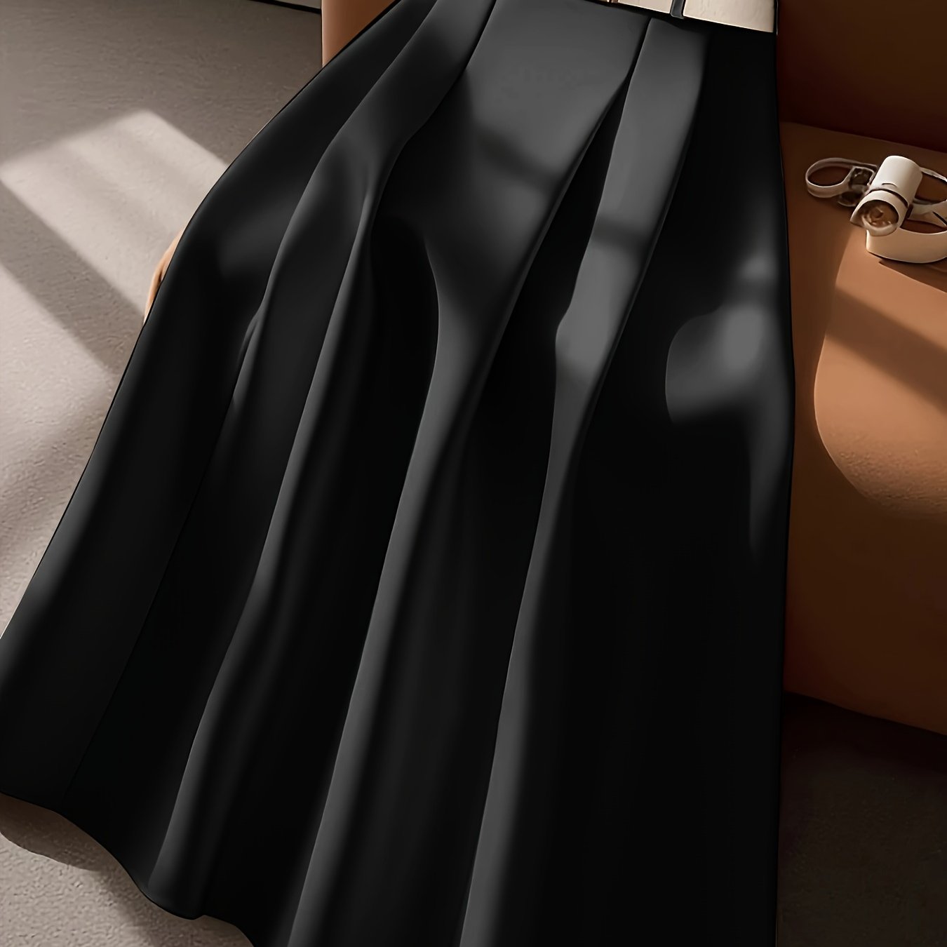 TEMU Letnia midi spódnica z beżowym paskiem 2025, modna, z wysokim stanem, plisowana, z dużym efektem swing, idealna do pracy, na randkę, łatwa w