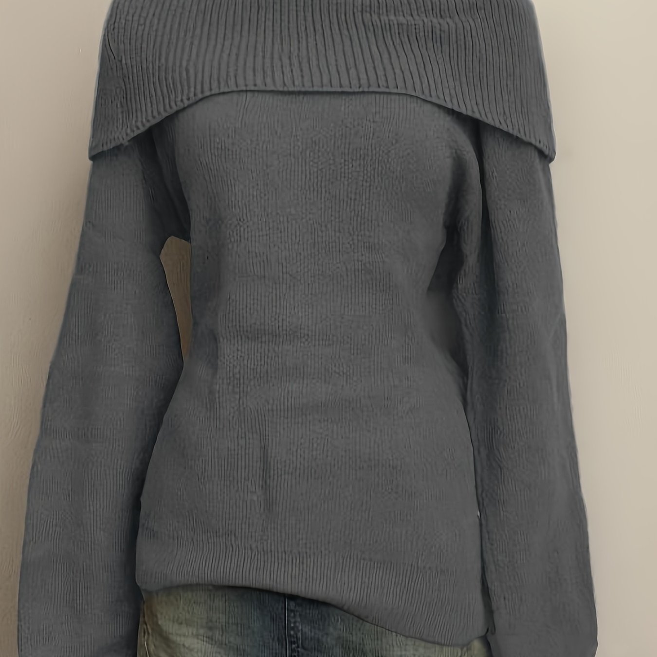 TEMU Sweter damski z odkrytymi ramionami, elegancki casualowy top z długim rękawem na wiosnę/jesień, seksowna lekka odzież w stylu Ins na co dzień i