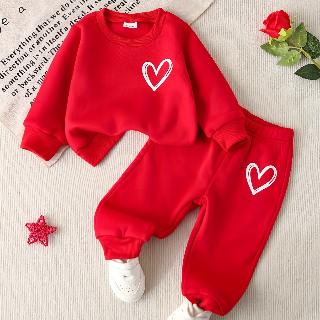 TEMU Zestaw dla dziewczynek 2 szt.: Bluza z długim rękawem i okrągłym dekoltem z nadrukiem czerwonych serc oraz spodnie dresowe, ożywiający i uroczy,