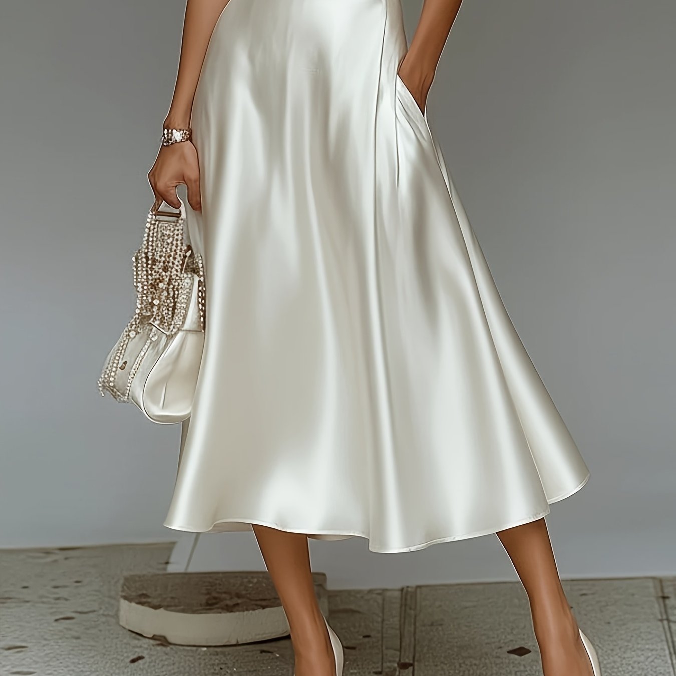 TEMU Spódnica A-line z satyny dla kobiet, uniwersalna spódnica ołówkowa w jednolitym kolorze