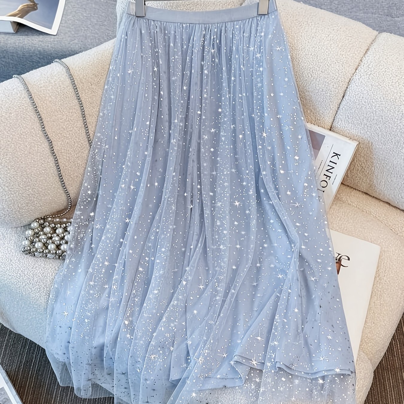 TEMU Spódnica o średniej długości z siateczki z cekinami