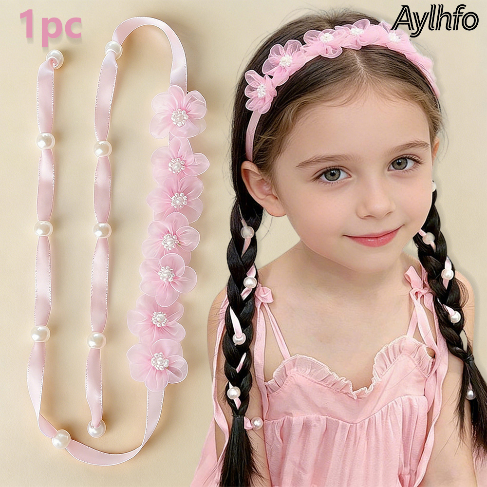 TEMU 1 szt. Wiosenna Stylowa Opaska na Głowę z Długą Wstążką z Plecionego Organzy z Kwiatami, Modna Opaska do Włosów w Stylu Boho dla Dziewczynek,