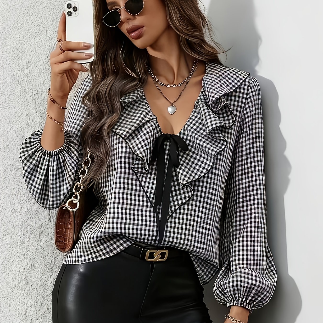 TEMU Elegancka damska koszula w czarno-białą szachownicę, sznurowana, z dekoltem w serek, długimi rękawami i luźnym krojem, idealna na co dzień i do