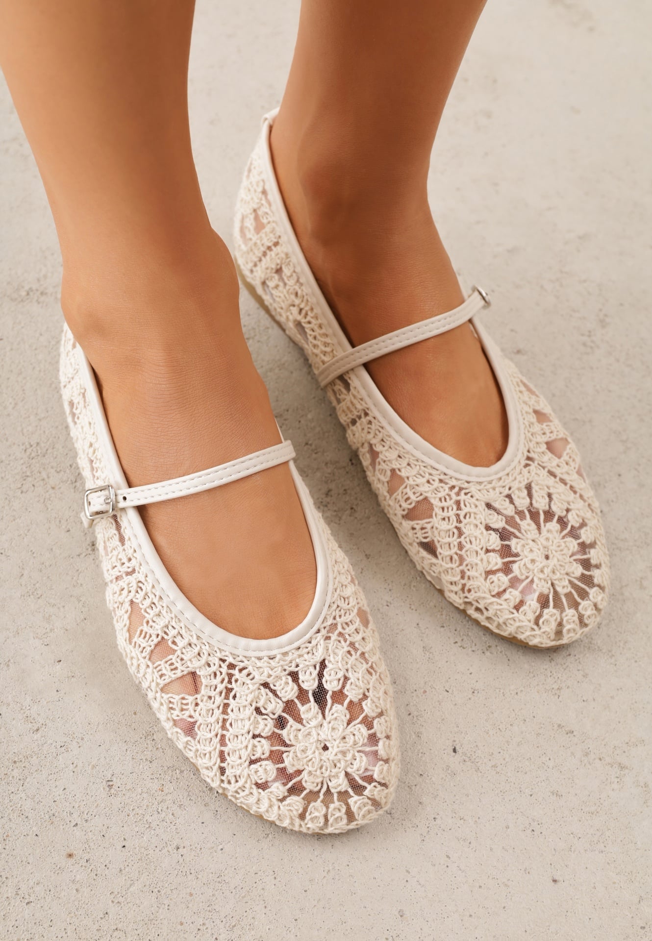 Beżowe Boho Balerinki VICES w Stylu Mary Jane z Ażurową Cholewką Lainia