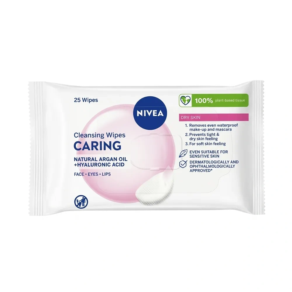 NIVEA Cleansing Wipes Caring pielęgnujące mokre chusteczki oczyszczające olejek arganowy i kwas hialuronowy 25 sztuk