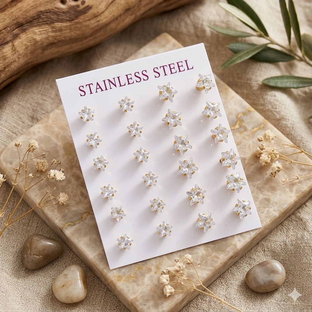 Kolczyki Gwiazdki Zestaw - Stal Szlachetna Pozałcane
