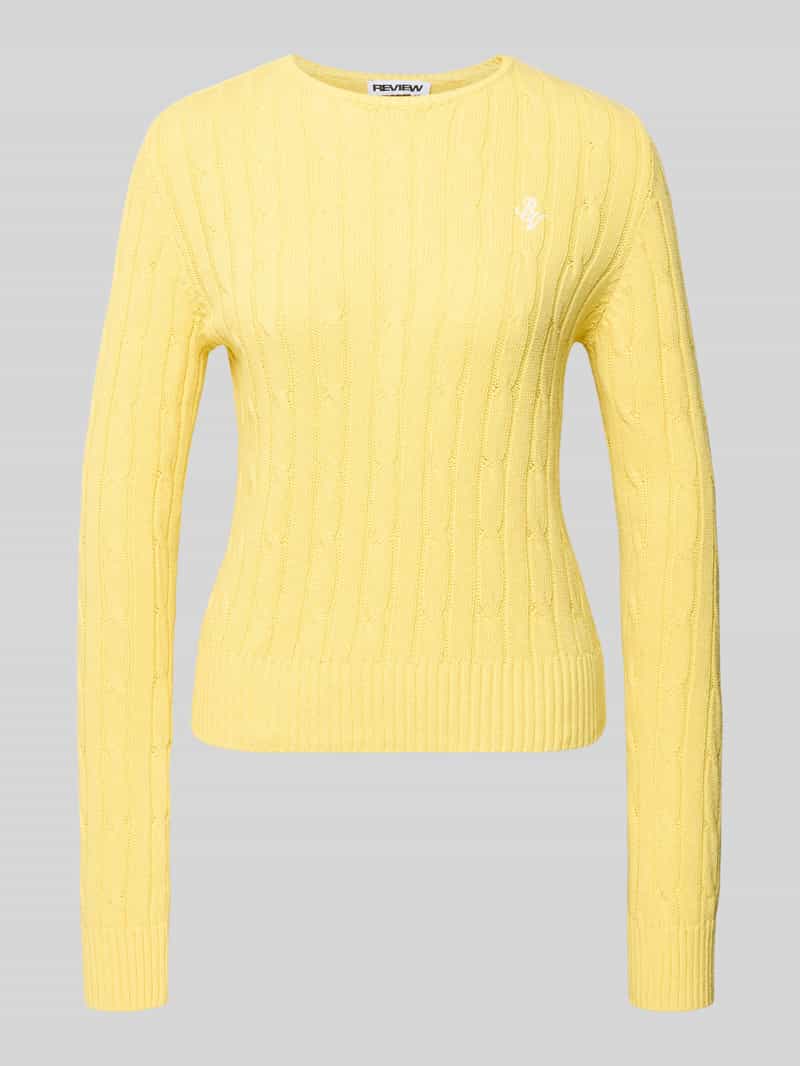 Sweter z dzianiny ze ściegiem warkoczowym i wyhaftowanym logo