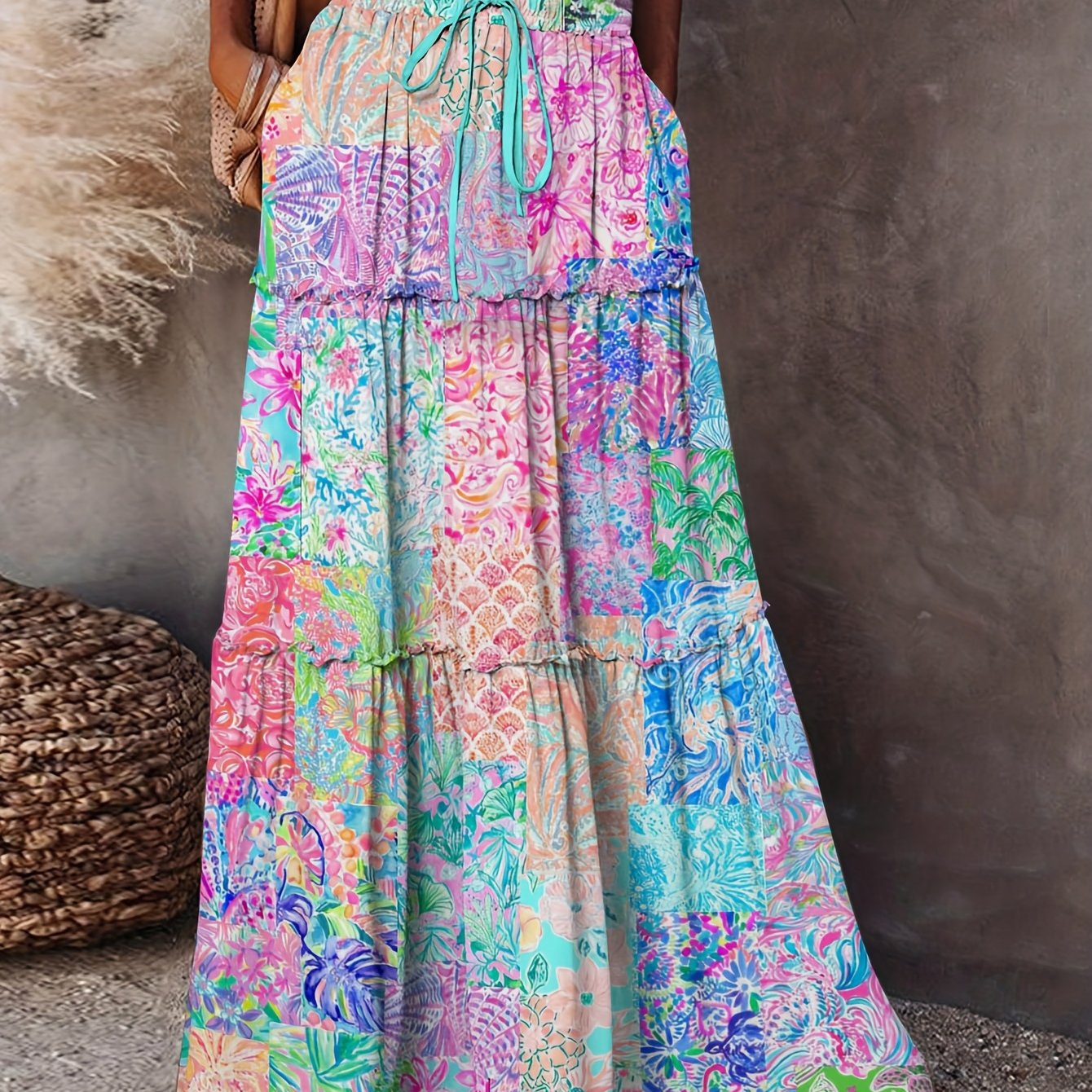 TEMU Sukienka Maxi z Cyfrowym Nadrukiem i Patchworkiem na Wiosnę/ 2025