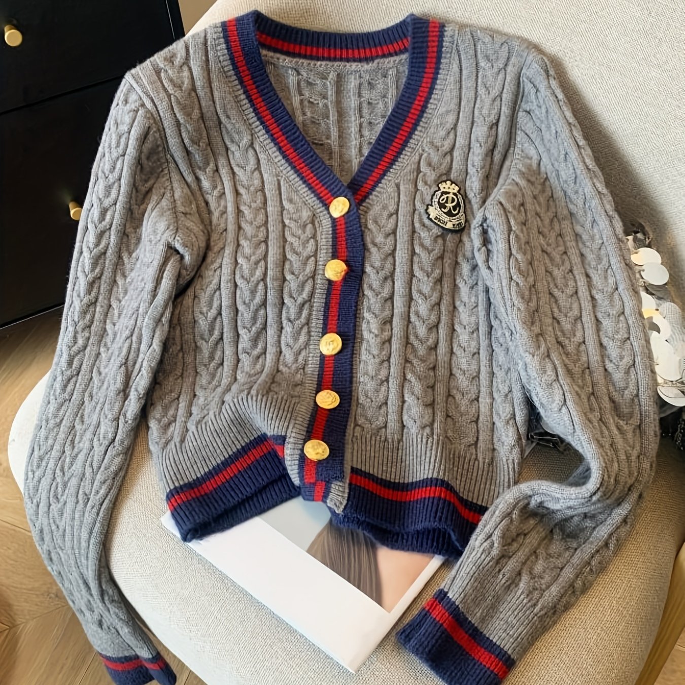 TEMU DP051960 Kardigan damski w stylu college z kontrastowymi kolorami, dekolt w serek, jednorzędowy, długi rękaw, odzież wierzchnia