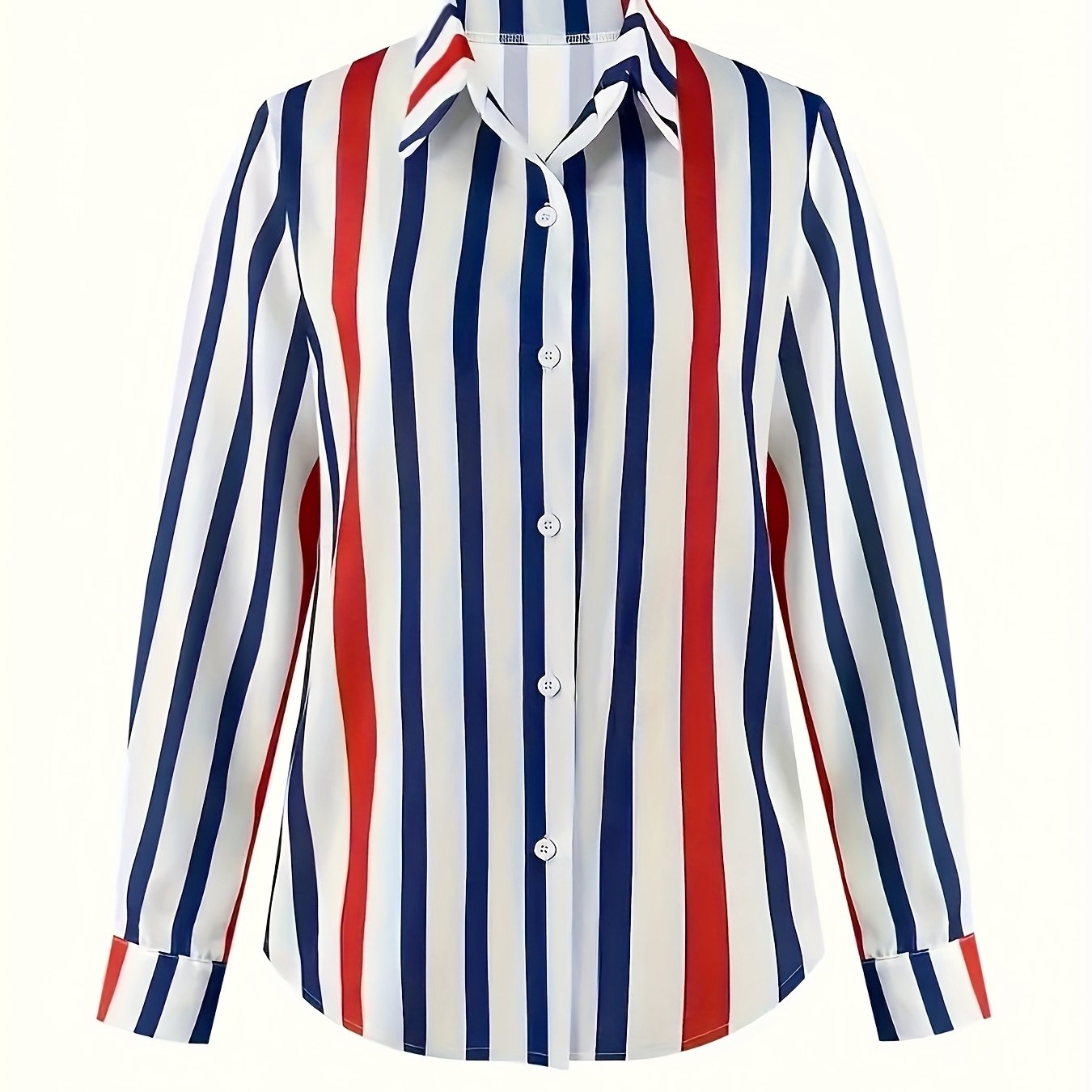 TEMU Elegancka Koszula w Paski z Długim Rękawem - Czerwona, Biała i Granatowa z Klasycznym Kołnierzykiem, na Każdą Porę Roku, Możliwość Prania w
