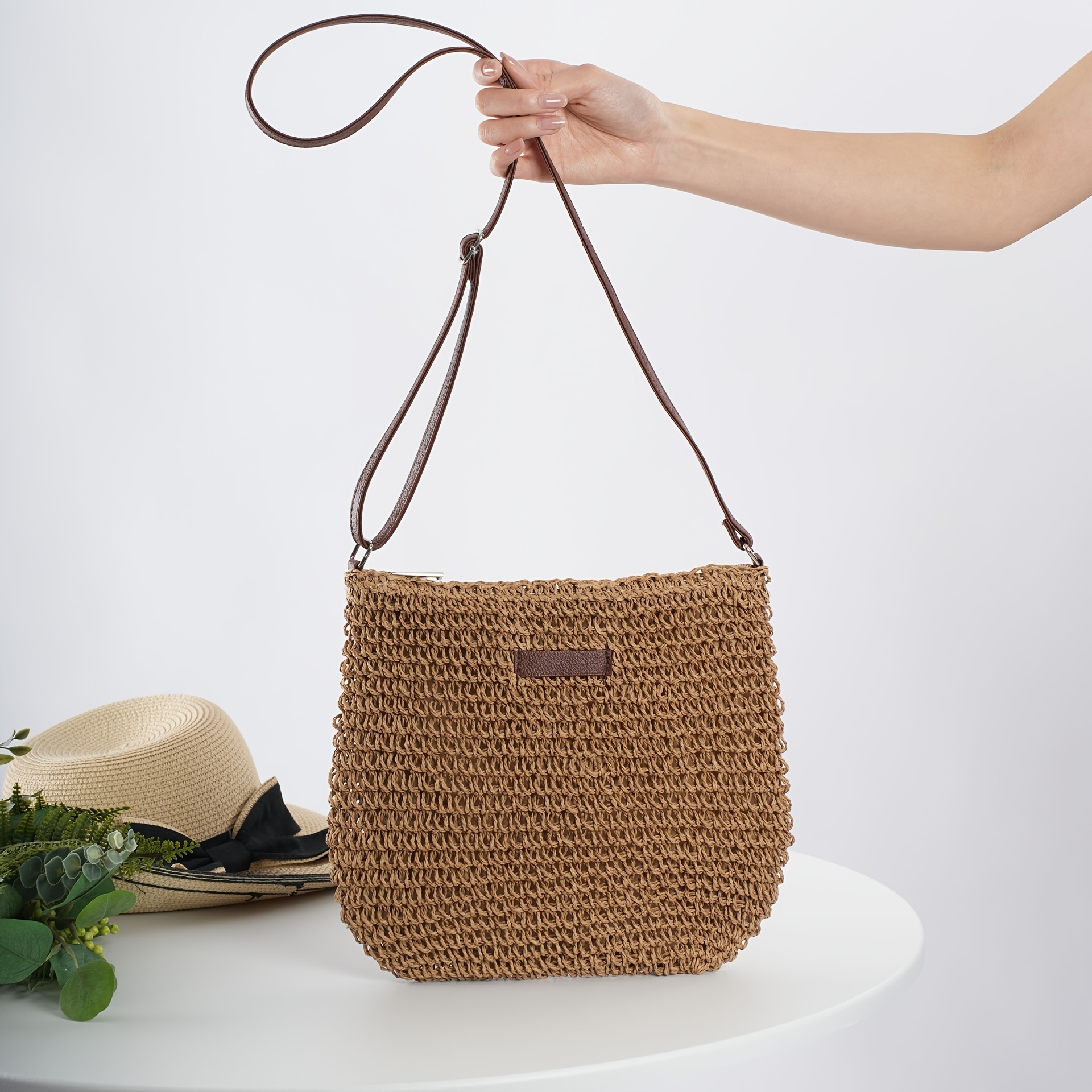 TEMU Damska torba crossbody, stylowa torba , letnia torba plażowa, koreańska wersja modnej, codzienne, uniwersalnej torby ze słomy, torba na telefon