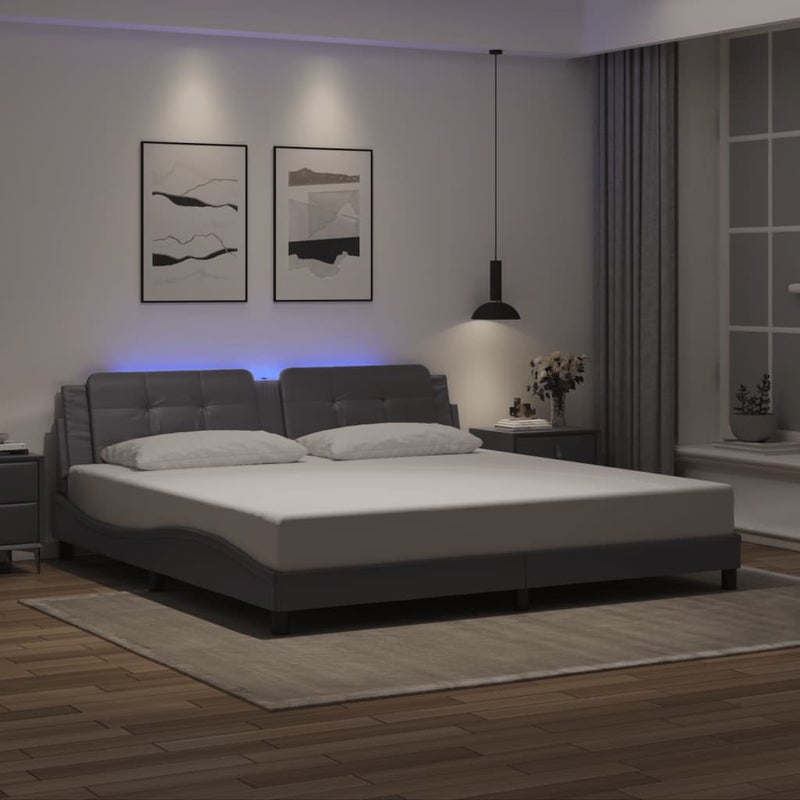 Łóżko Tapicerowane Rama Łóżka Ze Stelażem Szara Ekoskóra LED 200x200 cm