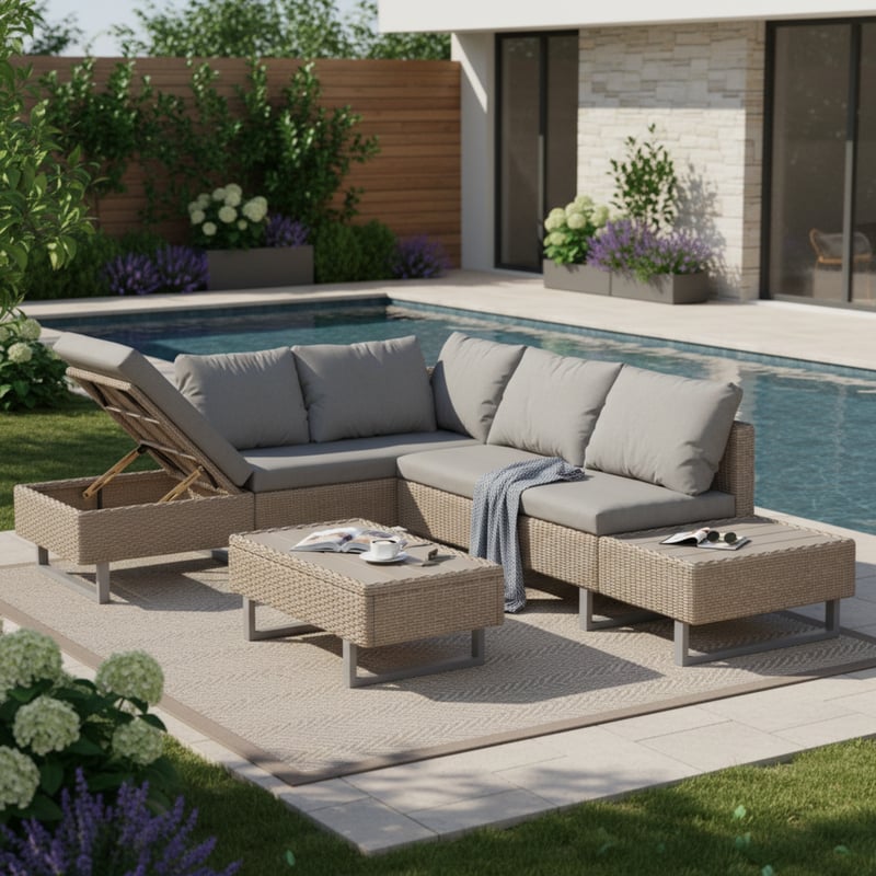 Zestaw mebli ogrodowych modułowych z rattanu PE - dla 4-5 osób - stolik kawowy z desek plastikowych - brązowy