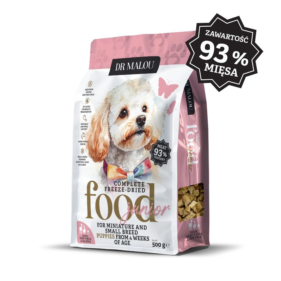 DR MALOU Puppies Liofilizowana karma Kaczka z mlekiem kozim i żółtkiem 500g sucha karma dla szczeniąt