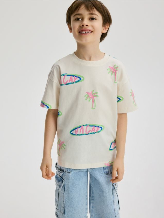 Reserved - Bawełniany t-shirt z nadrukiem - złamana biel